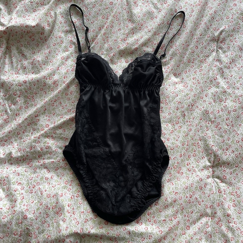SMOOTH Vintage DOLORES Poirette BODYSUIT Stretch SHEER Panty‎ BRA Lace 34 Black